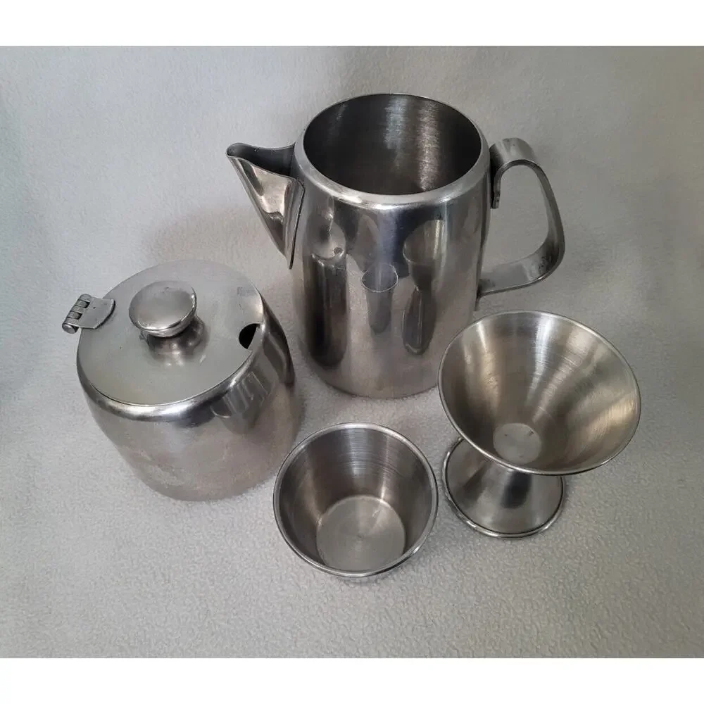 Vtg Sunnex 18-8 Tea Set Stainless Steel Pot Creamer Sugar Bowl Bar Ware